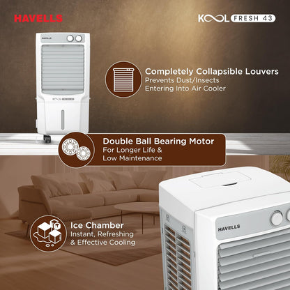 Havells KoolFresh 43 L Personal Air Cooler for Room|Powerful Air-Delivery|Dual Flow Technology|Fan & 3 Side Bacteria Shield Honeycomb Pads|Ice Chamber|Fully Collapsible Louvers|Front Wheel with Brakes