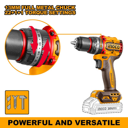 Ingco 20V Brushless Cordless Impact Drill & Driver Combo Kit - 66Nm Drill & 285Nm Driver -with 2 Batteries, 47-Piece Accessories, Screwdriver Bits, Nut Setters & Carrying Case, Yellow