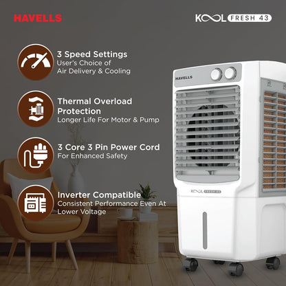 Havells KoolFresh 43 L Personal Air Cooler for Room|Powerful Air-Delivery|Dual Flow Technology|Fan & 3 Side Bacteria Shield Honeycomb Pads|Ice Chamber|Fully Collapsible Louvers|Front Wheel with Brakes