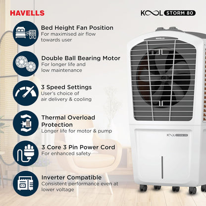 Havells KoolStorm 80 L Desert Air Cooler for Home/Office|Powerful Air-Delivery|Dual Flow Technology| Bacteria Shield Honeycomb Pads|XXL Ice Chamber| Ice Chill Drip Technology|Front Wheels with brakes