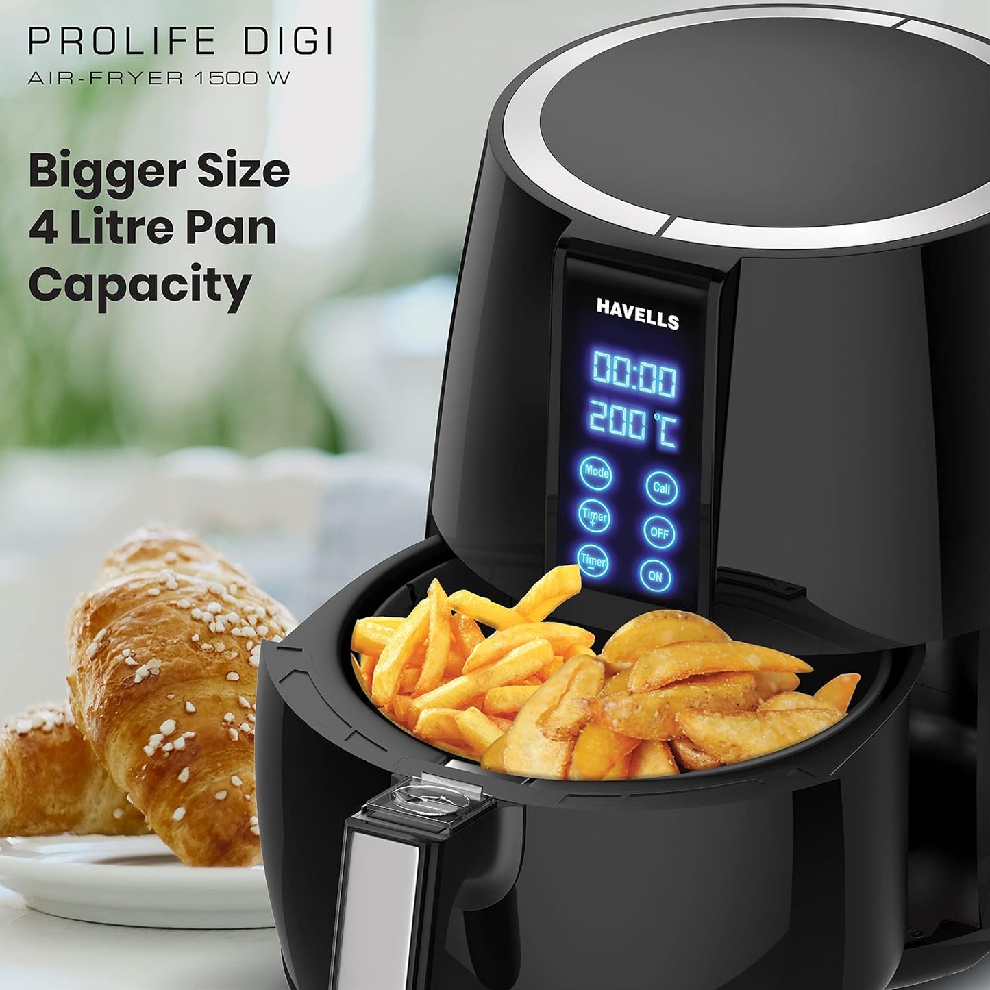 Havells Air Fryer Prolife Digi with 4L Capacity | Digital Touch Panel | Auto On/Off | 60 Min Timer | Basket Release Button | Air Filtration System | 2 Yr Warranty, Black|1230W