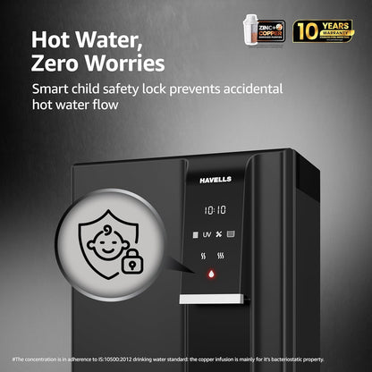 Havells Gracia FAB Alkaline Water Purifier (Black), RO+UV+Alkaline, Hot, Warm & Ambient Water, Copper+Zinc+Minerals, 9 Stage Purification, 6.5L SS Tank, Suitable for Borewell, Tanker & Municipal Water