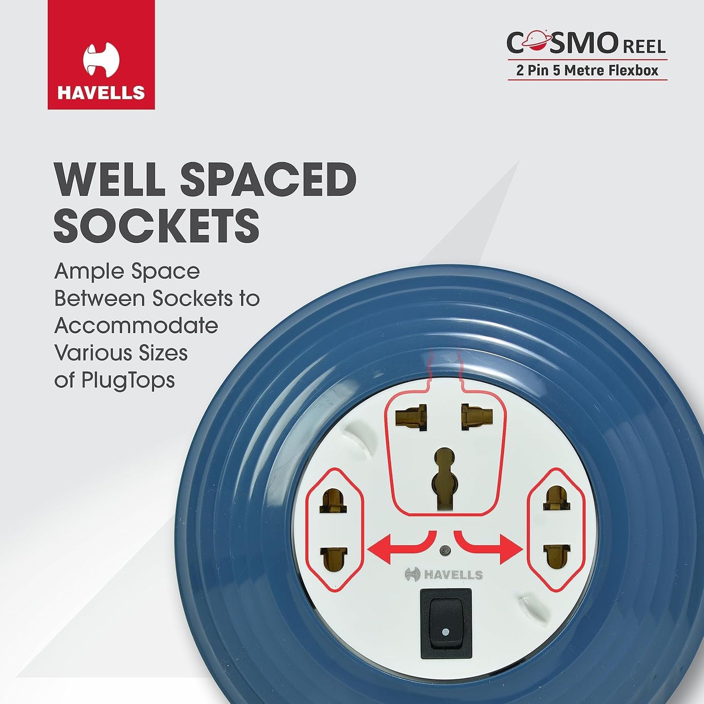 Havells Cosmo Reel| Extension Board - 5 Mtr ISI Marked Cable|3 Pin & 2x2 Pins Universal Sockets with Master Switch| LED Indicator| 6A,1440 Watts, 240 Volts| Ultra-Smooth Rotation, Blue