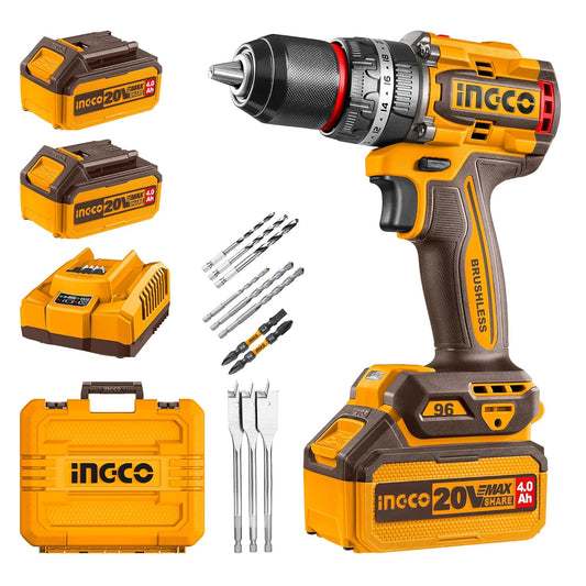 INGCO Cordless Impact Drill 96NM, 20V Brushless Combi Drill, 13mm Chuck, 22+1+1 Torque, 2 Speed, LED Work Light with 2Pcs 4.0Ah Battery And 1Pcs Charger Perfect for Home, Garden DIY Project