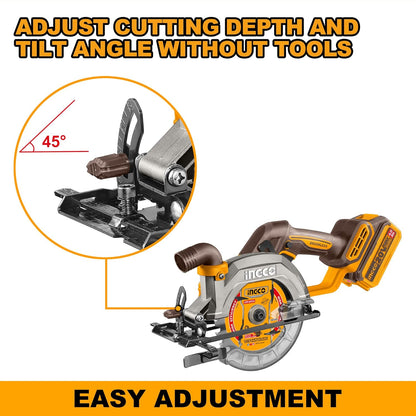 INGCO Cordless Circular Saw, With Battery & Charger, Brushless Motor, 4800 RPM, 185 MM Blade Diamater