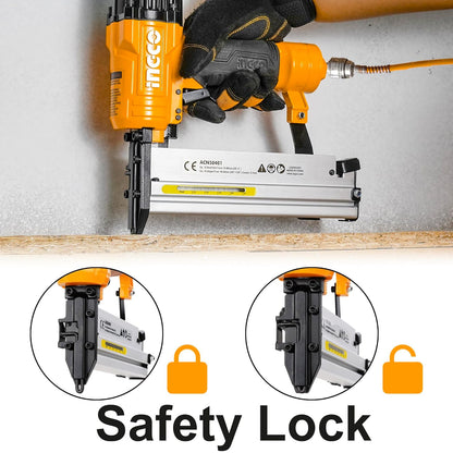 INGCO 2 In 1 Combo Brad Nailer, Nail Gun, Ga18 | 100pcs Capticaty | 4 Type Connector | 0.4-0.7Mpa with 1000pcs Brad Nails & 200pcs Staples, for Wood, Upholstery, Carpet, Wire Fencing