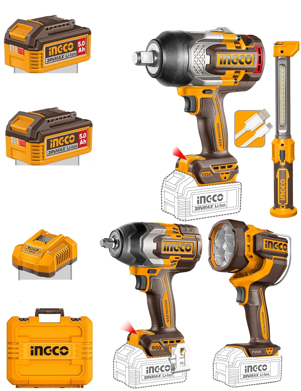 INGCO Cordless 4 pcs combo kit With 2 pcs Cordless impact wrenches, With 2 pcs Cordless work lamps COSLI250782