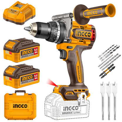 INGCO 20V Cordless Brushless Impact Drill 166NM, Variable Speed 550/2100 RPM, 13mm Chuck, 23+1+1 Settings, LED Work Light, With 2Pcs 5.0Ah Battery And Charger, Packed by Carrying Case CIDLI201668