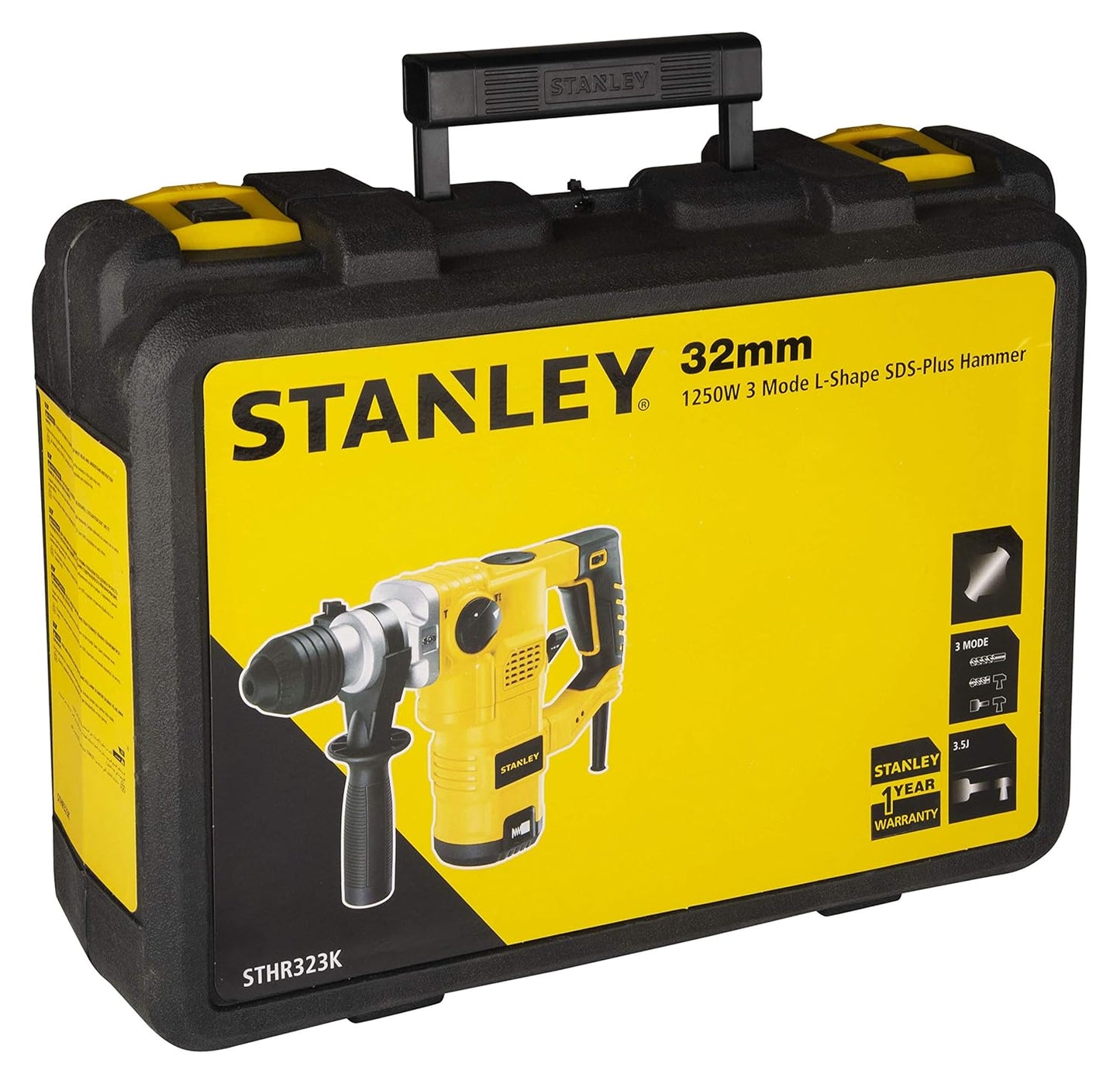 STANLEY STHR323K-IN 1250W 32mm 3 Mode L-Shape SDS-PlusHammer with Kitbox, 5.4Kg (Yellow and Black)