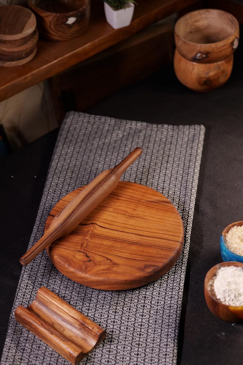 Udaipur Handicrafts Wood chakla belan Set | chapati Board, (10x10x1.5 Inches) | chakla belan Stand and 2 spatulas Free I (Chakla Block Set)