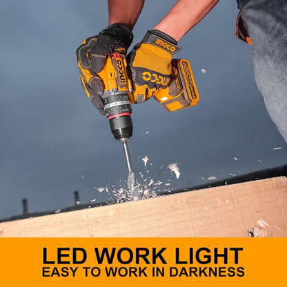 INGCO Cordless Impact Drill 96NM, 20V Brushless Combi Drill, 13mm Chuck, 22+1+1 Torque, 2 Speed, LED Work Light with 2Pcs 4.0Ah Battery And 1Pcs Charger Perfect for Home, Garden DIY Project