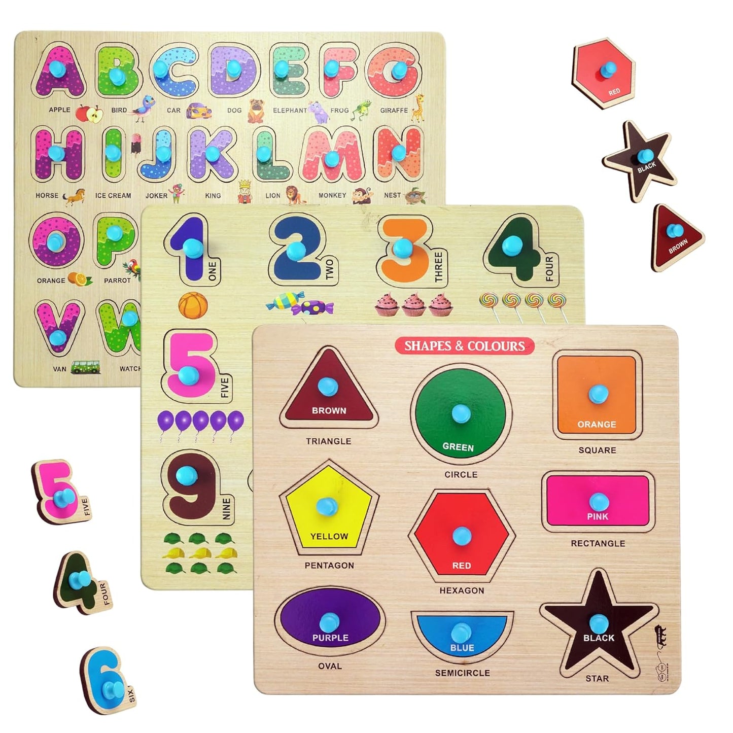 Udaipur HandiCrafts Wooden Learning Educational Game Board for Kids, Puzzle Toys for 2 Years Old Boys & Girls (Alphabets, Numbers & Shapes)