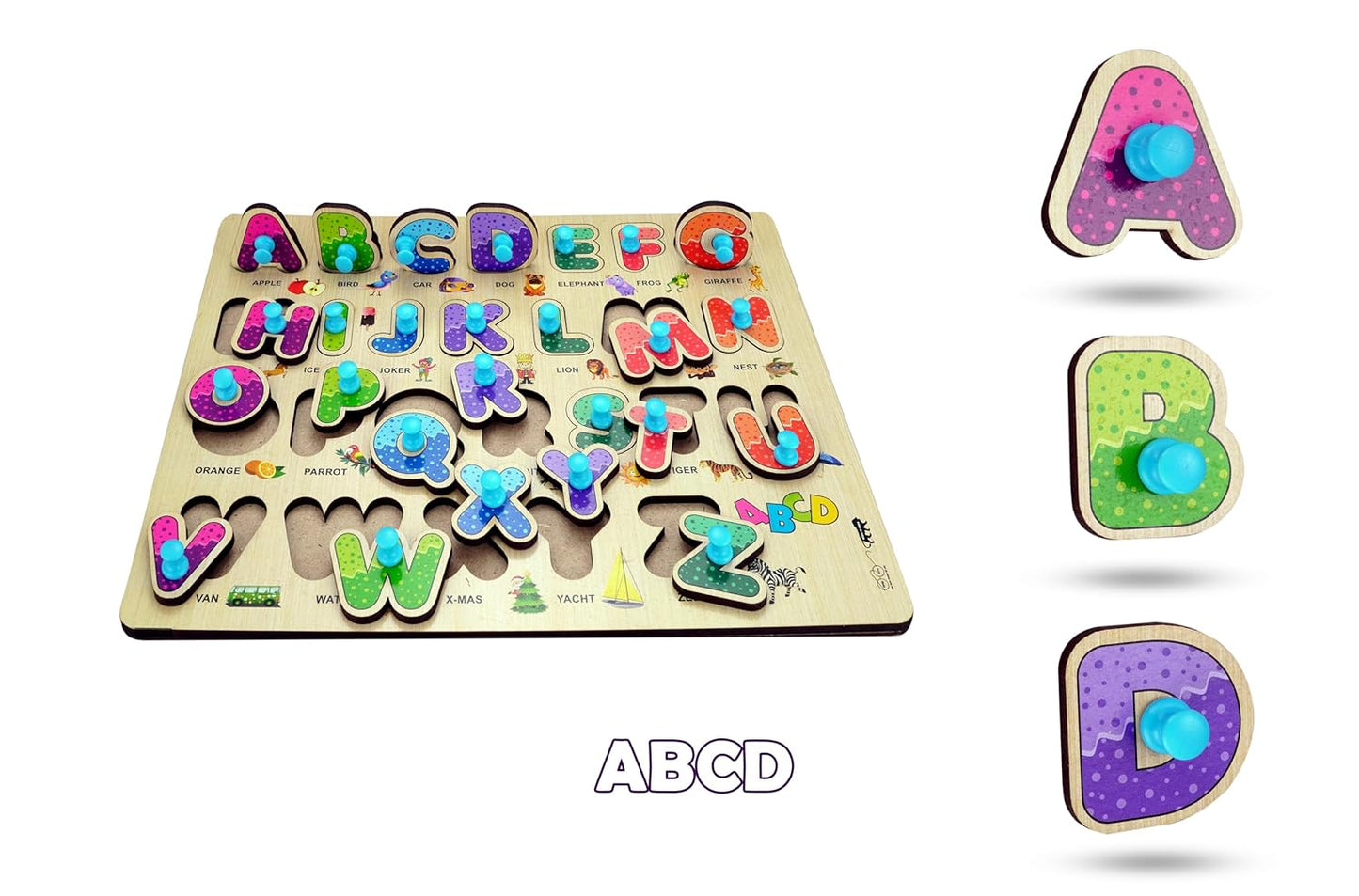Udaipur HandiCrafts Wooden Learning Educational Game Board for Kids, Puzzle Toys for 2 Years Old Boys & Girls (Alphabets, Numbers & Shapes)