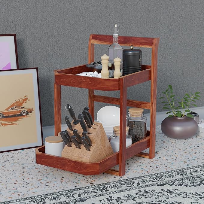Udaipur Handicrafts Premium Wooden 2-Tier Spice Rack & Kitchen Countertop Organizer | Cabinet Storage Shelf & Home Decor Display | Solid Wood Tiered Shelf (Honey Finish)