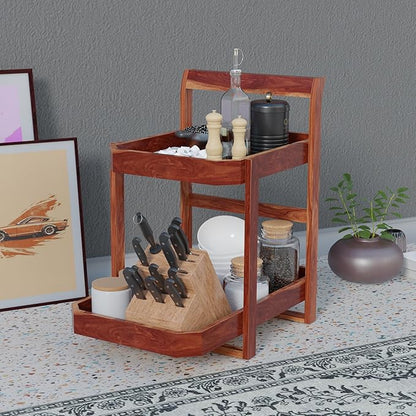Udaipur Handicrafts Premium Wooden 2-Tier Spice Rack & Kitchen Countertop Organizer | Cabinet Storage Shelf & Home Decor Display | Solid Wood Tiered Shelf (Honey Finish)