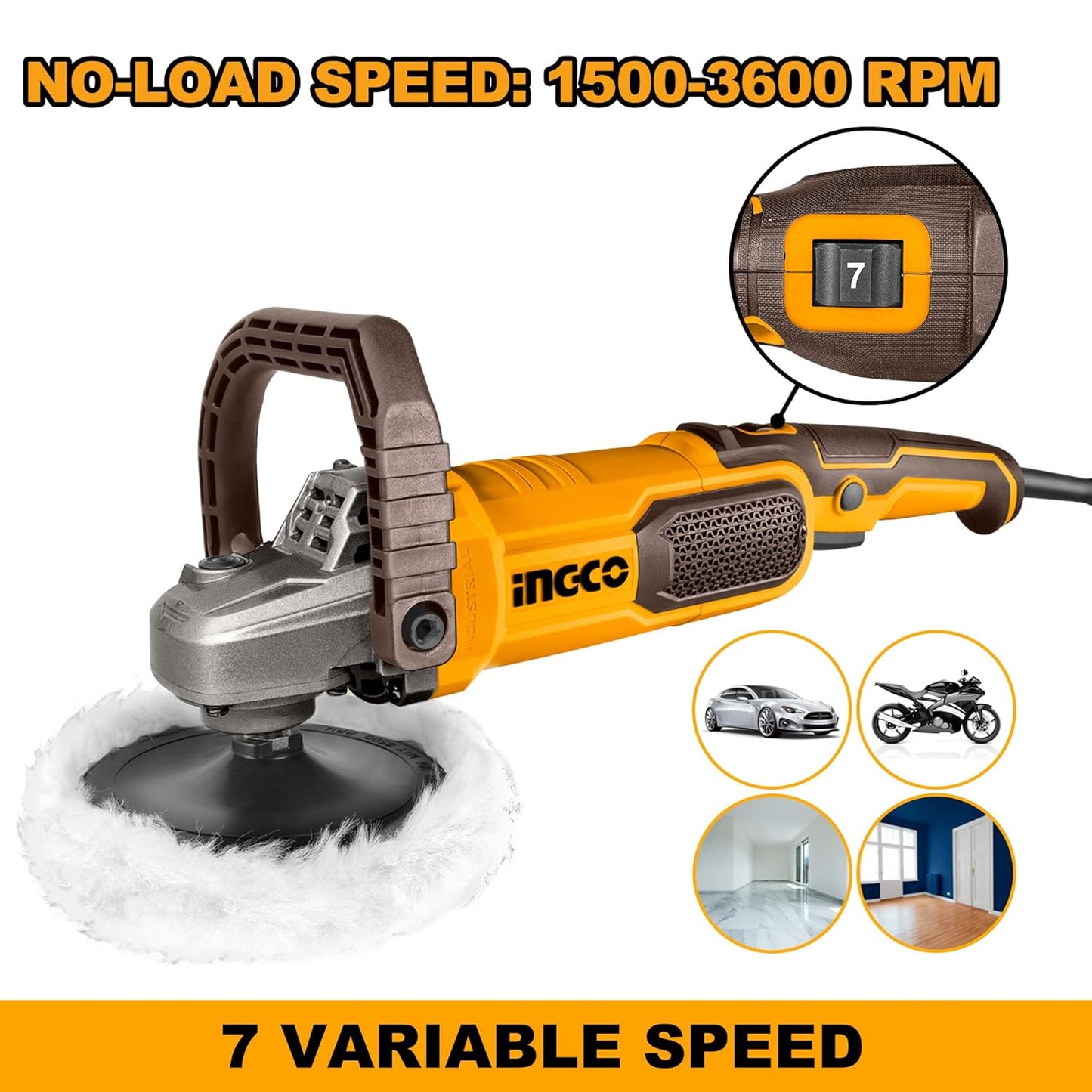 INGCO 1400W Corded Electric Polisher 180mm, 7 Variable Speed, 1500-3600RPM, Comfortable Handle for Car Detailing Polish Buffing Sanding DIY