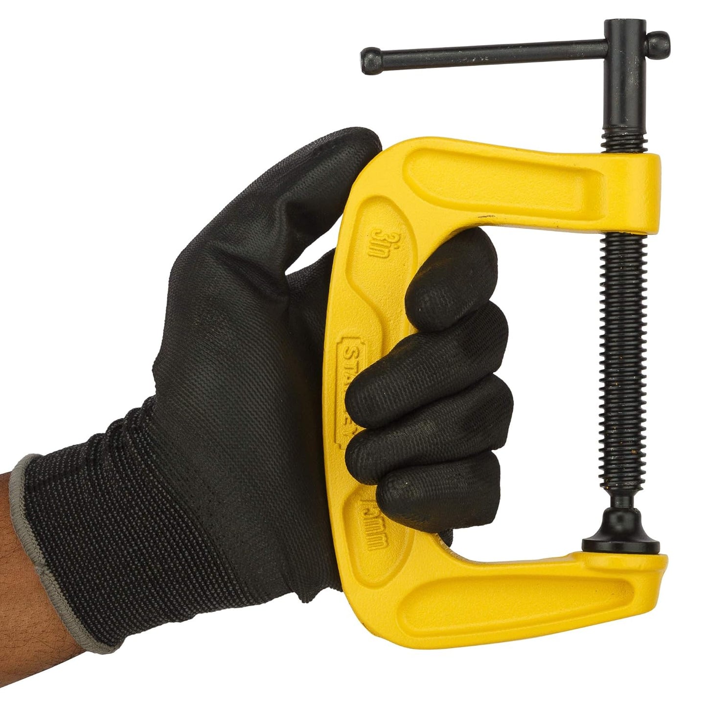 STANLEY 0-83-033 Max Steel C-Clamp-75mm Oversized ''T'' Handle for Extra Torque, Roll-Framed Threads for Smooth Operation, Ideal For Carpentry & Welding, Iron & Steel Build, (Yellow & Black)