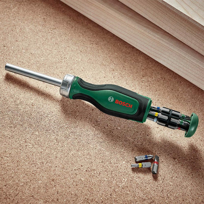 BOSCH Ratchet Screwdriver | Smooth Ratchet Mechanism for Continuous Rotation | 12 Interchangeable Bits in Magazine | Ergonomic Non-Slip Handle for Comfort | Quick Bit Storage for Easy Access