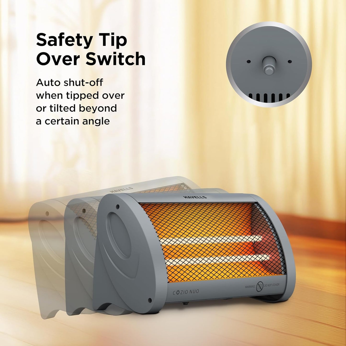 Havells Cozio Nuo Room Heater| Dual Heat Setting 400/800 Watt| Dual Quartz Heating Rods| Silent Operation| Tip Over Protection| Fire Retardant Material| Anti Rust Reflector| 2 Year Warranty(Grey)
