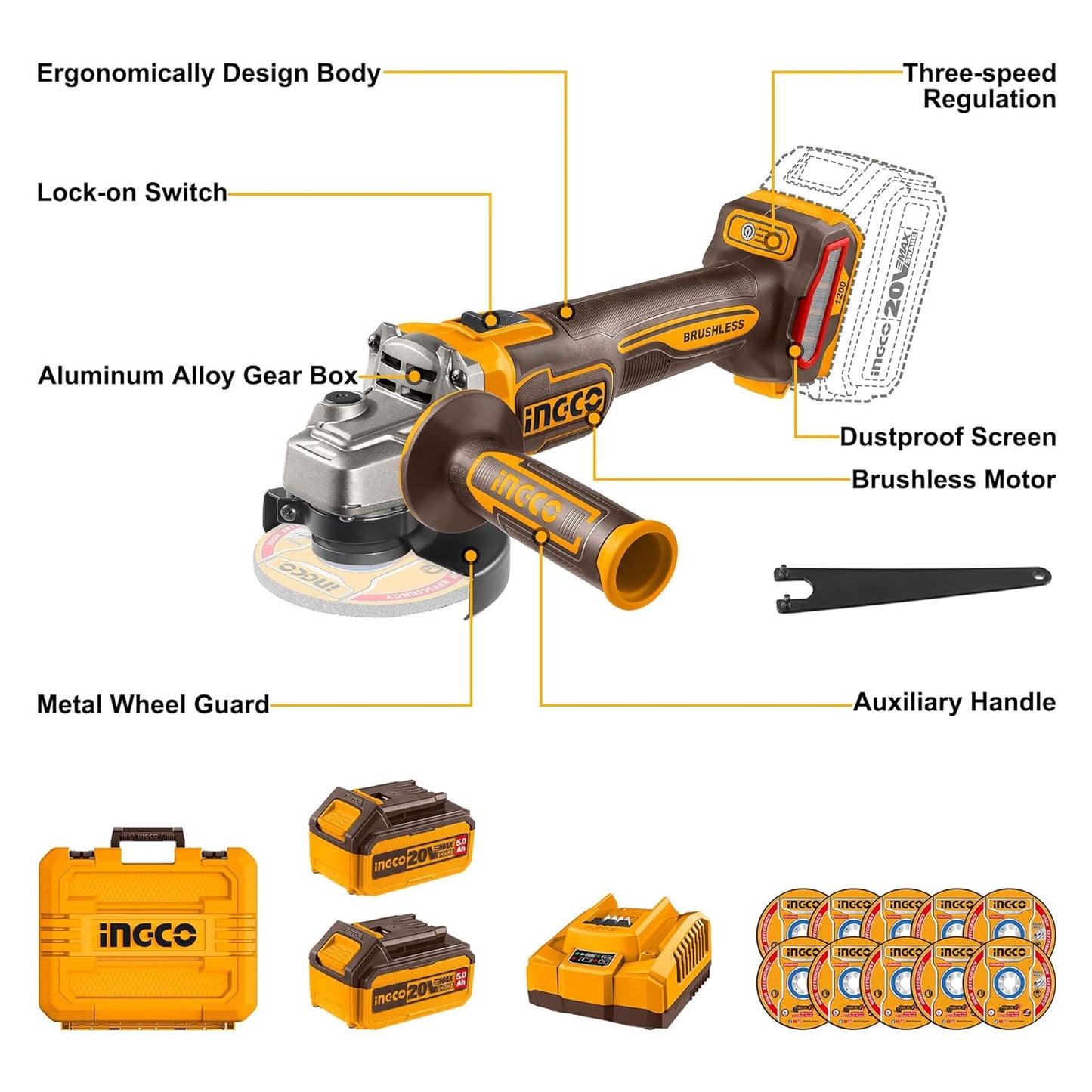 INGCO 20V Cordless Angle Grinder Machine, Cutter machine with 5.0Ah Battery and a Fast Charger, Variable Speed Angle Grinder,M10, Power Grinder