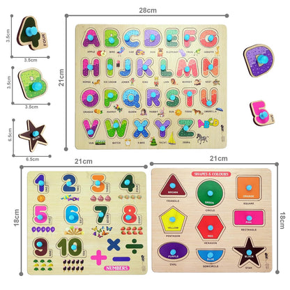 Udaipur HandiCrafts Wooden Learning Educational Game Board for Kids, Puzzle Toys for 2 Years Old Boys & Girls (Alphabets, Numbers & Shapes)