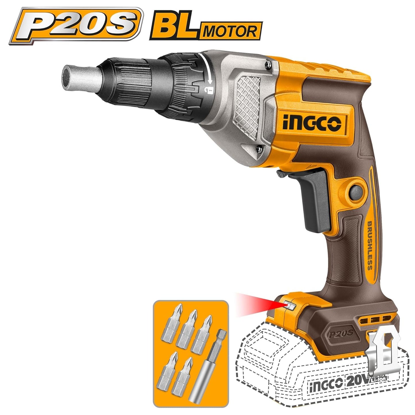 INGCO Compact Brushless Cordless Impact Drill, Cordless Drywall Screwdriver, Cordless Rotary Hammer COSLI250591