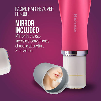 Havells Lady Facial Hair Remover | Rotary Blades for Clean and Smooth Touch for Upper Lips, Chin & Cheeks | Wet & Dry Use | Battery Powered | Mirror Included | Hot Pink | FD5000