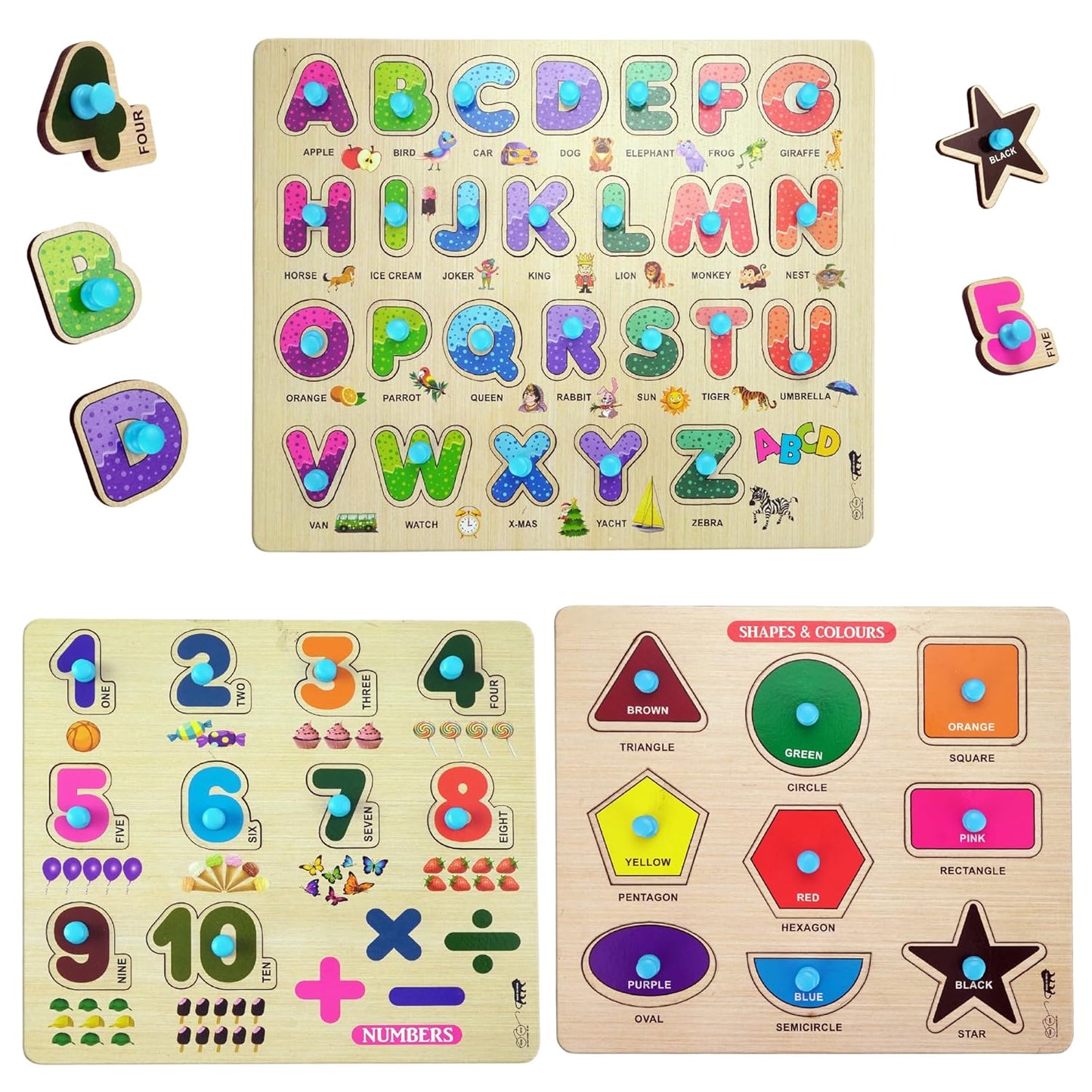 Udaipur HandiCrafts Wooden Learning Educational Game Board for Kids, Puzzle Toys for 2 Years Old Boys & Girls (Alphabets, Numbers & Shapes)
