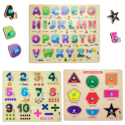 Udaipur HandiCrafts Wooden Learning Educational Game Board for Kids, Puzzle Toys for 2 Years Old Boys & Girls (Alphabets, Numbers & Shapes)