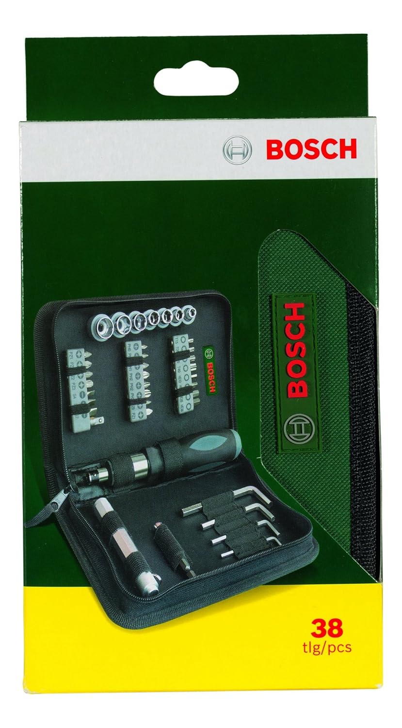 Bosch 38-piece Mixed Screwdriver Set, Cobalt Steel, Compact & Portable, Universal Compatibility, 23 Screwdriver Bits, 7 Nutsetters, Universal Holder, Hex Keys, Ratcheting Driver & Torch