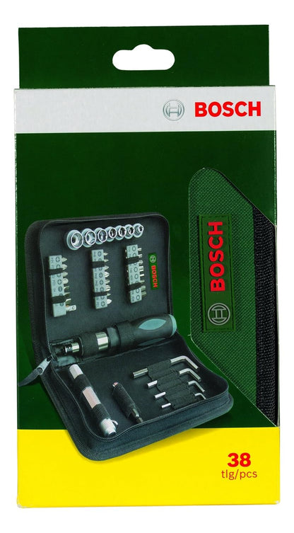 Bosch 38-piece Mixed Screwdriver Set, Cobalt Steel, Compact & Portable, Universal Compatibility, 23 Screwdriver Bits, 7 Nutsetters, Universal Holder, Hex Keys, Ratcheting Driver & Torch