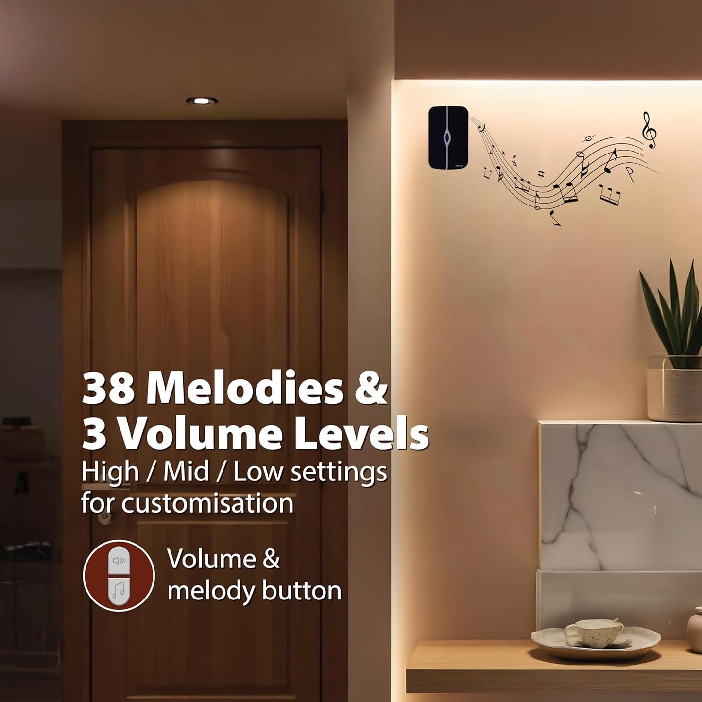 Havells Tango Wireless Digital Doorbell (White & Black), 25 Chime Melodies, 3 Volume Levels, 100m 433.92MHz Open Air Receiver and Transmitter Range,Loved by Users for LED Stylish and Superb Longevity