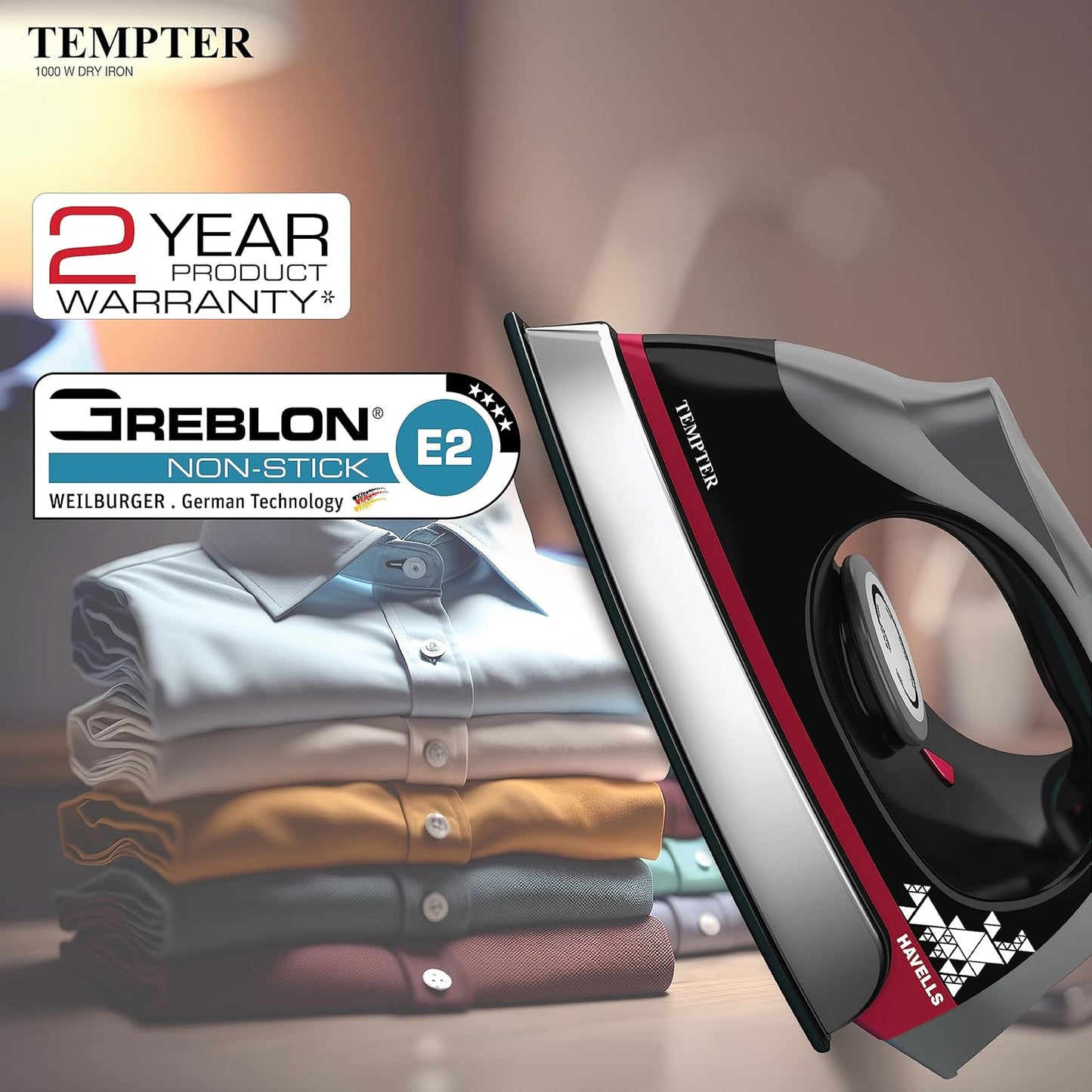 Havells Abs Tempter 1000 Watts Dry Iron Press With Greblon E2 Grade Non-Stick Coated Sole Plate Aerodynamic Design With Shock Proof Front 2 Year Warranty