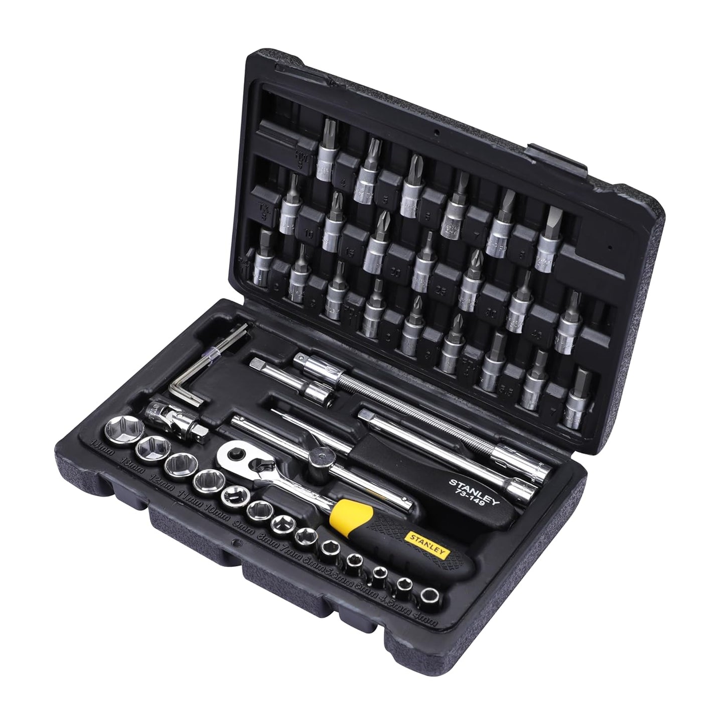 STANLEY STMT72794-8 1/4'' 46-PIECE Square Drive Metric Socket & Bit Set, Made with Double Nickel Chromium Alloy Coated Tip, Maxi-Drive™ Design Provides 15% More Torque than Standard Sockets, BLACK