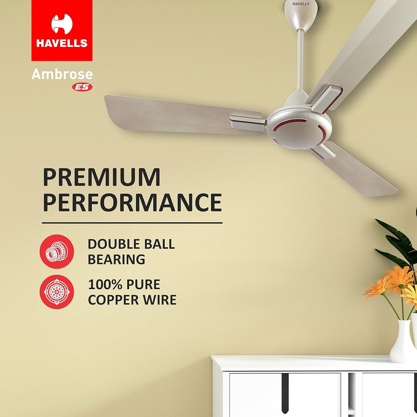 Havells 1200mm Ambrose Energy Saving High Speed Ceiling Fan|Premium Finish, Deco.Fan, Elegant Looks, High Air Delivery, 100% Pure Copper Motor|2 Yr Warranty by Brand | (Pack of 1, Gold Mist Wood)