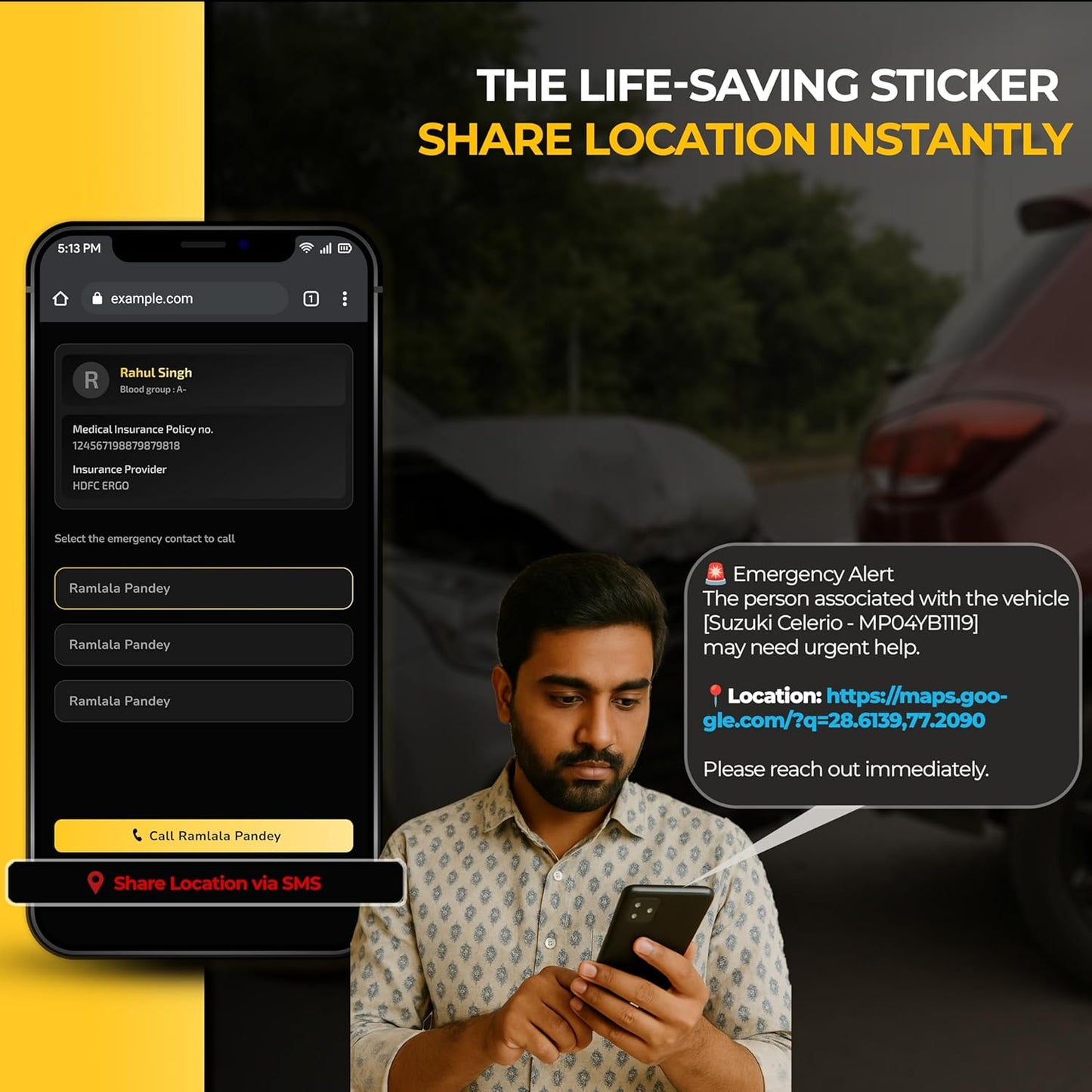 Akshar Arts Bhuwana  Reach Me (Pack of 2) – Waterproof Contact Sticker/Tag for Car with Privacy-Protected Calling, Wrong Parking, Emergency Call & Location Sharing, Notification Alerts via Ajjas App. (2)
