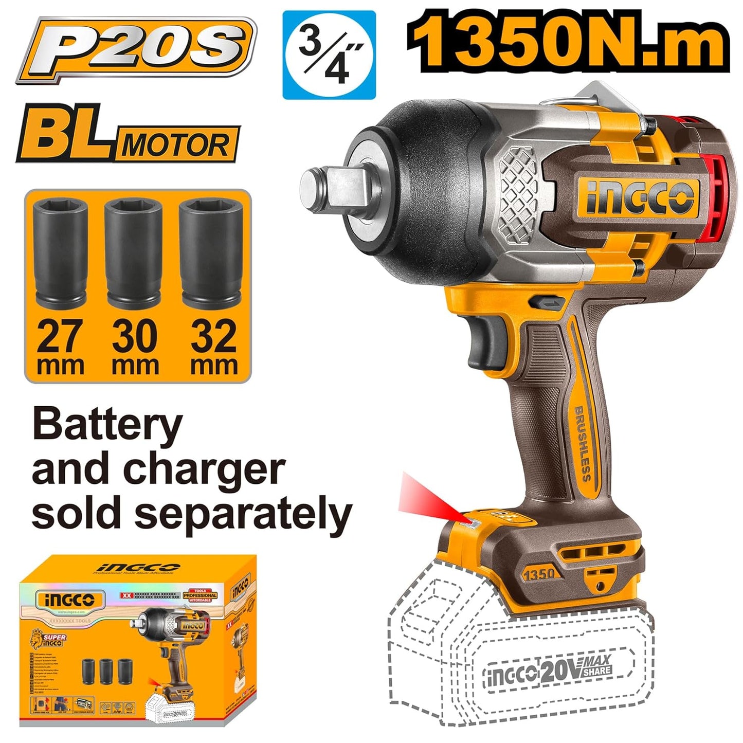INGCO Cordless 4 pcs combo kit With 2 pcs Cordless impact wrenches, With 2 pcs Cordless work lamps COSLI250782