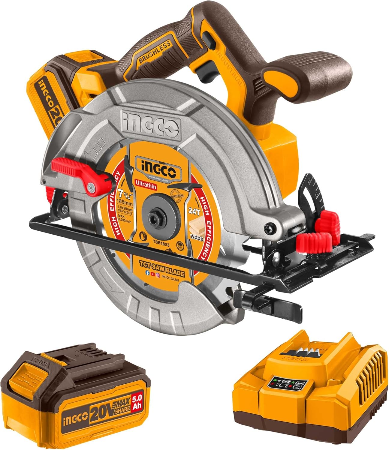 INGCO 20V Cordless Circular Saw 185mm, Brushless Electric Saw 4800 RPM, Maximum Cutting Depth 65mm with 1Pcs 5.0Ah Battery Pack, 1Pcs Fast Charger CSLI18513