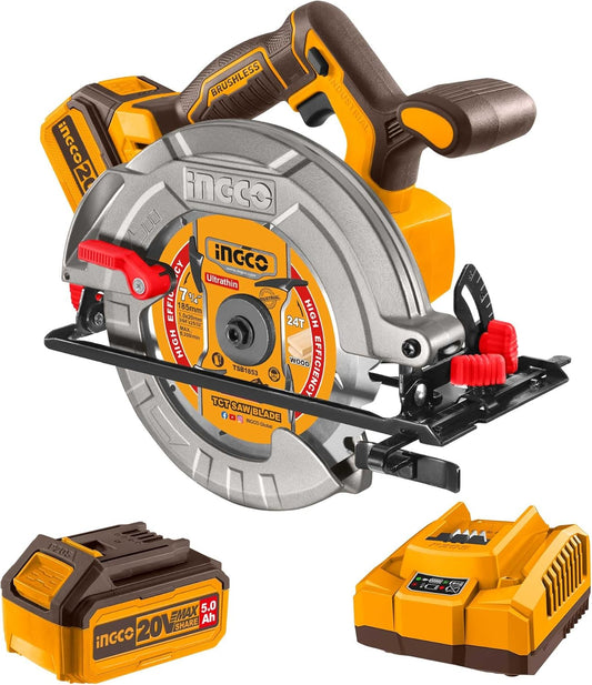 INGCO 20V Cordless Circular Saw 185mm, Brushless Electric Saw 4800 RPM, Maximum Cutting Depth 65mm with 1Pcs 5.0Ah Battery Pack, 1Pcs Fast Charger CSLI18513
