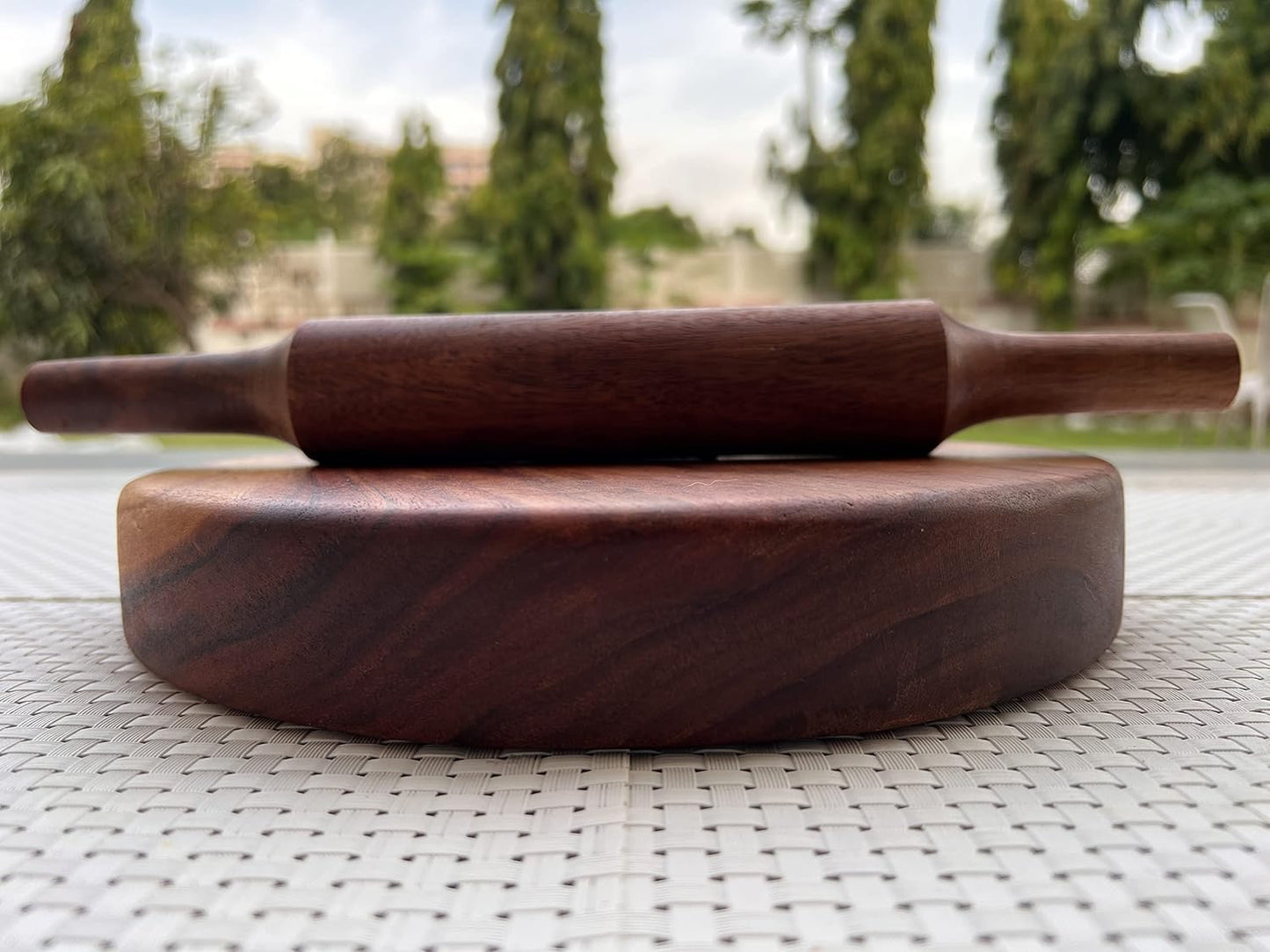 Udaipur Handicrafts Wood Chop | Carved from Single Block of Acacia Wood | Reversible Chakla Belan | Chopping Board | No Dyes or Polish - Natural Finish | 9.5 Inch Diameter 2 Inch Thick