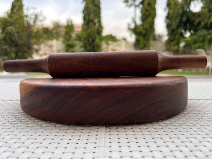 Udaipur Handicrafts Wood Chop | Carved from Single Block of Acacia Wood | Reversible Chakla Belan | Chopping Board | No Dyes or Polish - Natural Finish | 9.5 Inch Diameter 2 Inch Thick