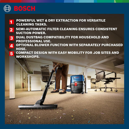 Bosch GAS 15 PS Heavy Duty Corded Electric Wet & Dry Vacuum Cleaner, 1,100W, 270 mbar, 10 Litre Tank , 6 kg + Nozzle & Accessories, 1 Year Warranty