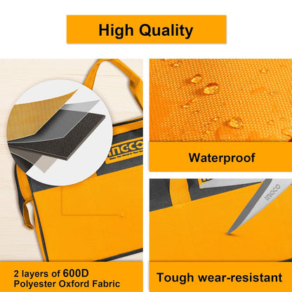INGCO 16 Inch Tool Bag, 15kg Max Load, Tool Storage Bag with Wide Mouth Multi-use Tool Tote Bag With 6 Pockets Outside and 8 Pockets Inside, Waterproof for Construction Carpentry Gardening