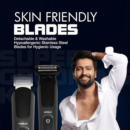 Havells Super Grooming Kit Gs8714,15 In 1,Ipx7 Fully Washable,Full Body Hair Trimmer Groomer For Men,120 Min Of Run Time With Fast Charge,Corded Electric