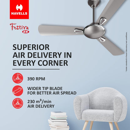 Havells 1200mm Festiva ES Ceiling Fan| Premium Finish| Energy Saving| Designer Fan for Home Decor| Elegant Looks| 230 m³/min Air Delivery| Hi-Speed Low Noise| 100% Copper Motor (Pack of 1, Mist Grey)