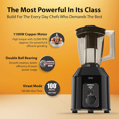 Havells Hexo Plus 1100 Watts 4 Jar Mixer Grinder| High Speed Mixie 22000 RPM motor| 100 Minutes Continuous Run Time| 2 Ltr Break Resistant Blending Jar| 5 Year Motor Manufacturer Warranty (Black)