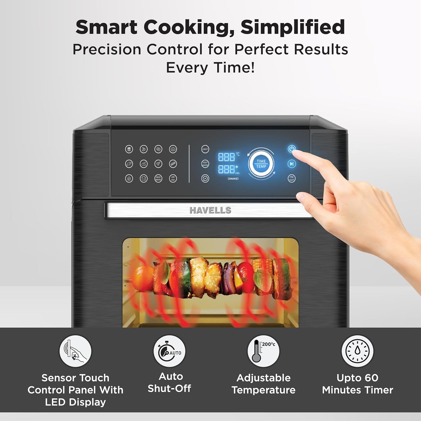 Havells Avanza Multi Function Air Fryer Oven 15L|1700W|Digital Touch Control|14 Pre-Sets|Aerocrisp Technology|Includes Skewer Set,Rotisserie Fork,Mesh,Baking Tray|2Yr Door Step Warranty by Havells