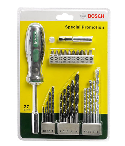 Bosch Drill Bits And Screwdriving Bits Set, 27 Piece, X-Line Green, With Masonry Bits, Metal Drill Bits, Wood Drill Bits, Screwdriver Bits And A Hand Screwdriver