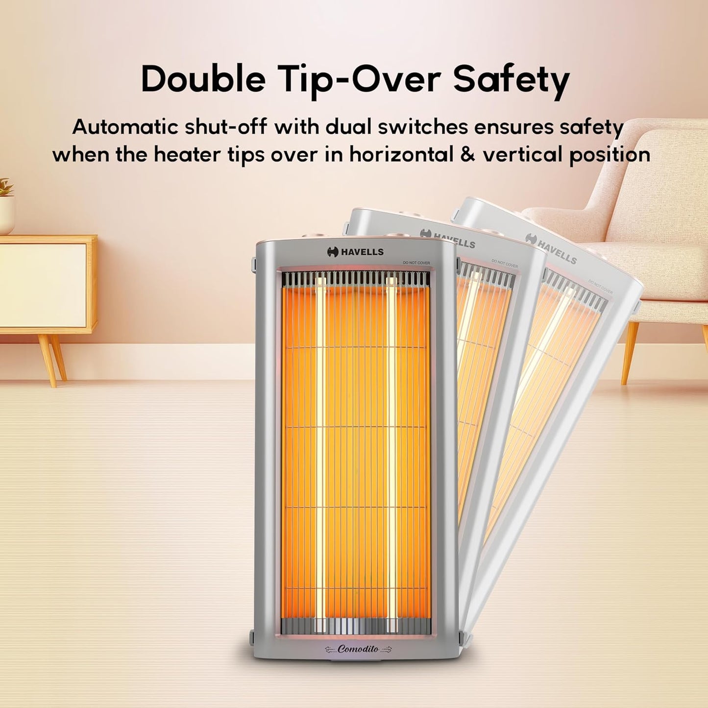 Havells Comodito 900 Watt Room Heater | Safety Grill, 120 Minute Sleep Timer Control knob | Rust Free Stainless Steal Reflector, Carbon Fiber Rods, Power Off & Heat Setting | (Pack of 1, Grey)