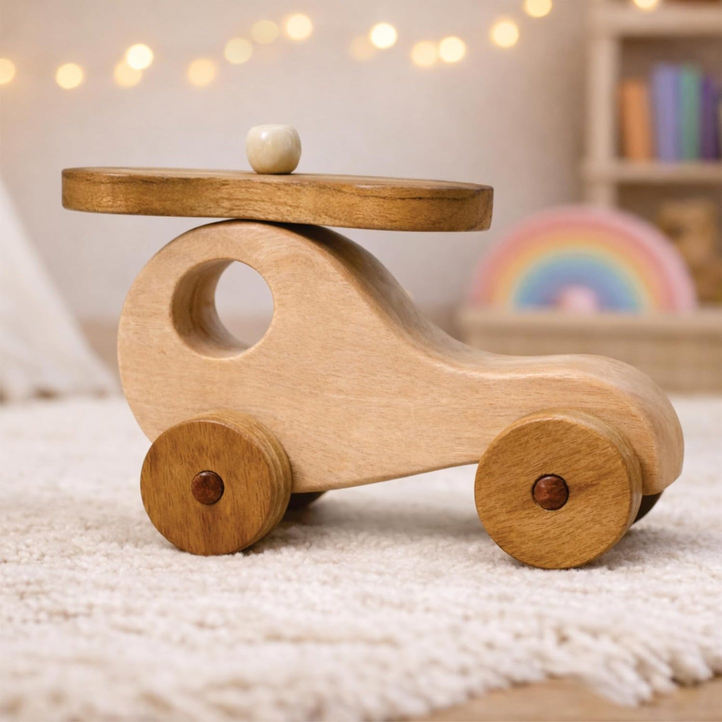 UdrCrafts® Wooden Helicopter Toy for Kids | Natural Neem Wood | Smooth Wheels | No Metal & Chemical Free | Eco-Friendly Toddler Toy